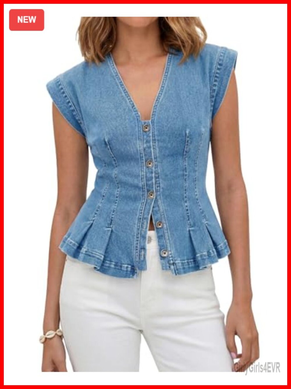Women's Sleeveless Denim Button Down Vest Peplum Top